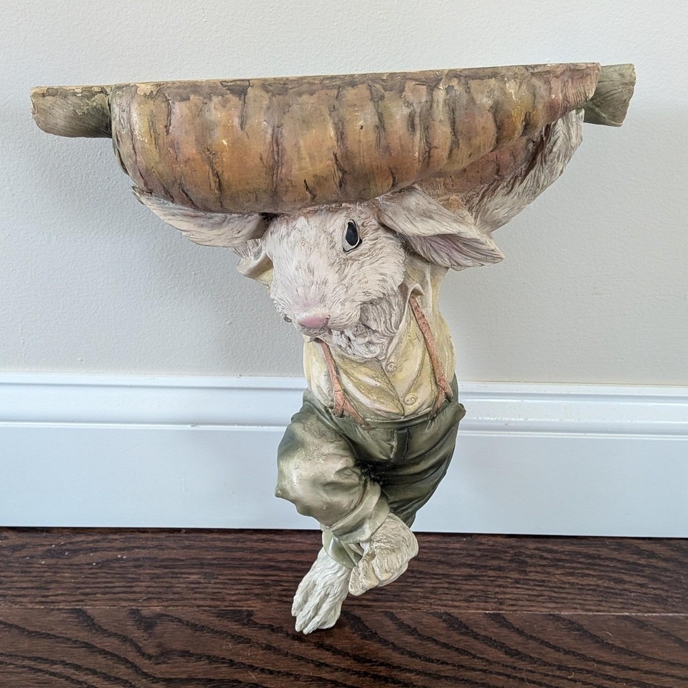 Vintage Chrisdon Farmer Bunny Rabbit Carrying Carrot Wall Book Shelf Sconce